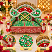 Premium Green Patola Royal Designer Laddu Gopal Ji Singhasan Aasan With 2 Beautiful Pankhi