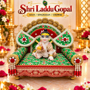 Premium Green Patola Royal Designer Laddu Gopal Ji Singhasan Aasan With 2 Beautiful Pankhi
