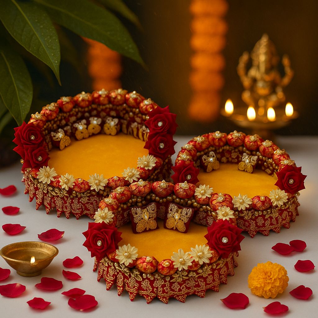 Designer Singhasan with golden and red rose flowers