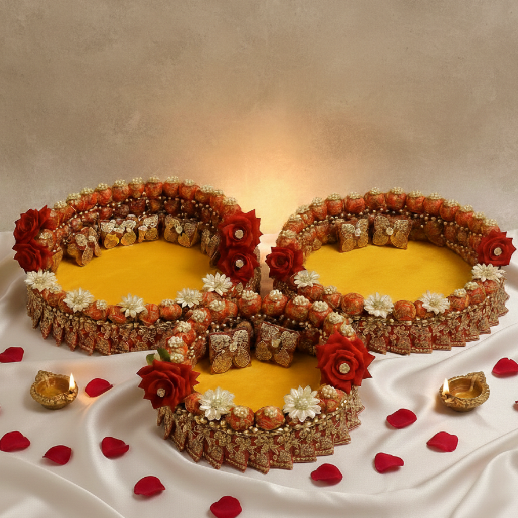 Designer Singhasan with golden and red rose flowers